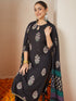 Janasya Women's Black Rayon Floral Gold Printed Straight Kurta Set